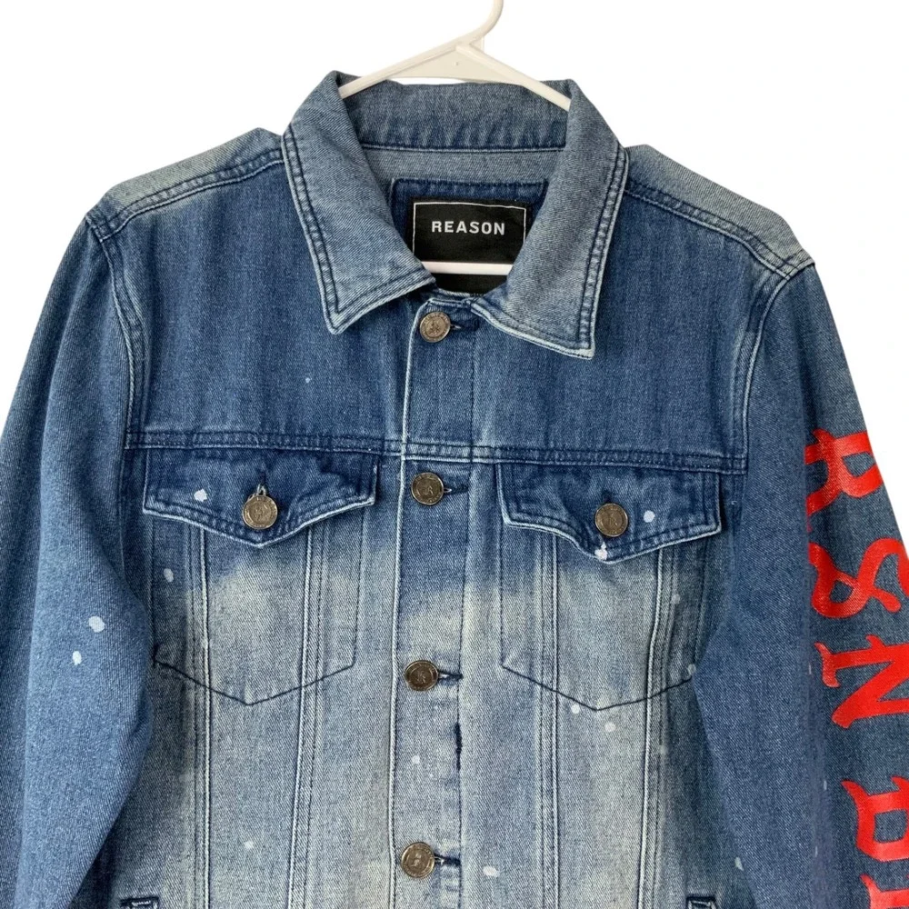 Reason Blue Button Up Gradient Denim Jacket M Collar Long Sleeve Graphic Print - Picture 2 of 9